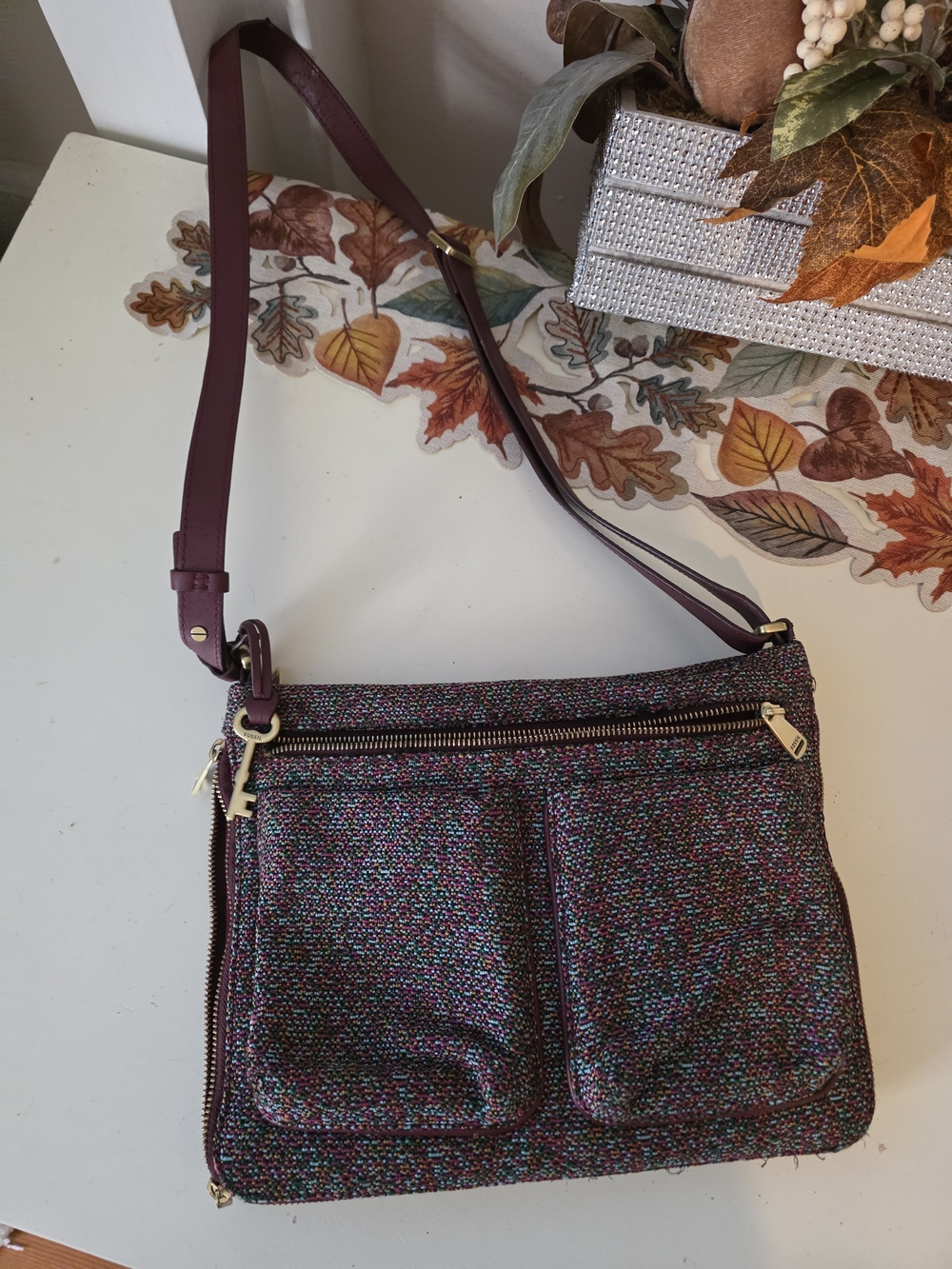 Multicolor Tweed Crossbody Bag with Plum Strap
